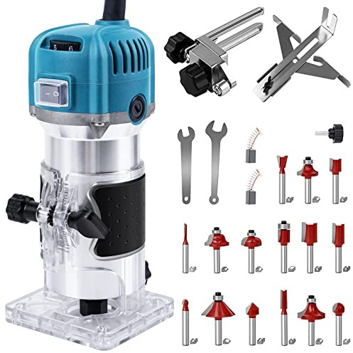 MeiMeiDa 800W Compact Wood Router Tool, Handheld Palm Routers for Woodworking with 6 Variable Speed,Electric Trimmer Wood Router with 15pcs 1/4 Router Bits,Wood Router for DIY Woodworking Handicraft