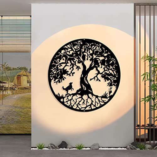 Pduoduo Arbre de vie avec chien(50cm),Décoration Murale en Métal,beau cadeau intérieur ou extérieur(19.7 pouces)