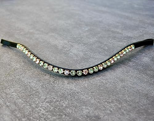 GlücksHucke Pferde Stirnriemen geschwungen, schmal in Hellgrün & Aprikot 'Weide', große, grüne Glitzer Steine, goldene Einfassung (WB XL, Lederfarbe Schwarz)