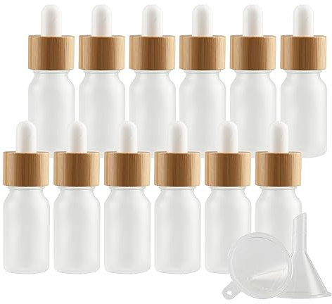 PQPAUTY 12 Pièces 10ml Flacons en Verre Transparent Mat avec Pipettes, 10 ml Bouteilles Compte-gouttes en Verre Vides avec Bouchon à Vis Bambou Pour Les Huiles Essentielles Aromathérapie