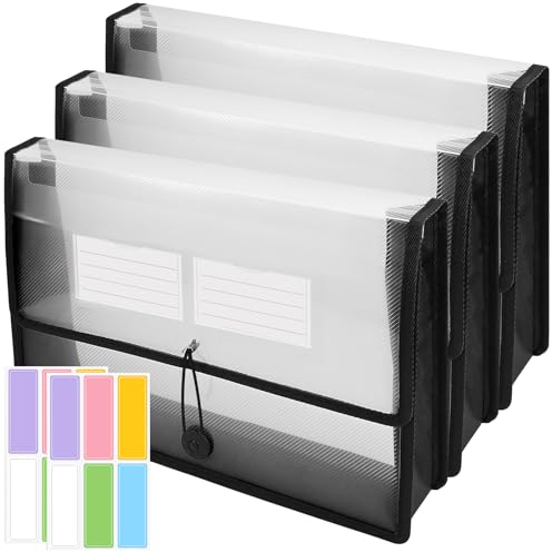 3 Pack A4 Plastic File Folders, Clear Wallet Envelope File Organizer, 6 cm Expandable Paperwork Folders Without Dividers with Label Card Slots & Hanging Clasps, File Box for School Office Home(Black)