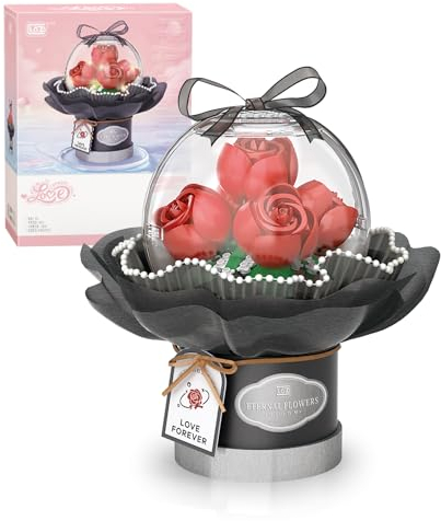 MEIEST Set di blocchi da costruzione per bouquet di fiori, fiori artificiali con cupola antipolvere per San Valentino, bonsai, mattoni da costruzione e decorazione per la casa,14+ (rosa rossa)