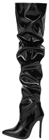Party Christmas Daily Stivali sopra Il Ginocchio Stivali Sexy da Donna Stivali con Tacco Tacco A Spillo Punta A Punta Scarpe Natalizie con Cerniera in Pelle Verniciata,Nero,35
