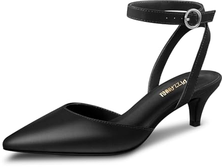 PIZZ ANNU Kitten Heel Shoes for Women Low Heel Pointed Toe Court Shoes for Women Ankle Strap Wedding Shoes for Bride Size 8 Black