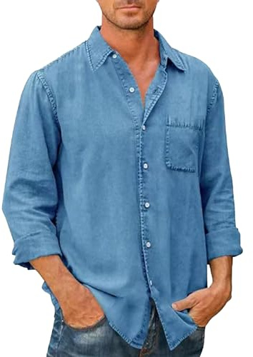ZDJSWJ Camisa vaquera de manga larga con cuello alto para hombre Camisa de trabajo ligera de mezclilla Chaqueta de mezclilla informal con botones Slim