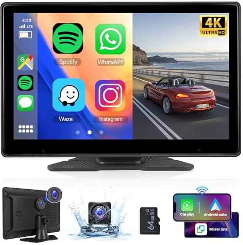 Hodozzy Pantalla Coche Portátil Radio Dash CAM 4K con Carplay Android Auto Inalámbrico, 10,1 Pulgadas IPS Pantalla Táctil Bluetooth Display Frontal y Trasera Cámara Grabación en Bucle FM/AUX/TF