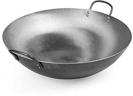 OQHAIR Wok Grand Wok en Acier au Carbone martelé à la Main de Style Canton (Fond Rond), 50 cm (40 cm)