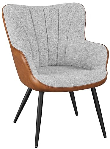 Yaheetech Modern Tub Chair, Fuzzy Boucle Fabric and PU Leather Armchair, Upholstered Vanity Chair with Curved High Back and Mental Legs for Living Room Makeup Bedroom, Grey/Retro Brown