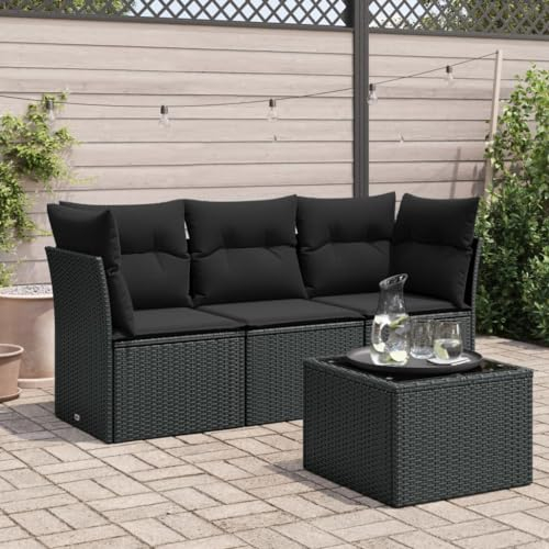 QJBSAVVA 4-TLG. Garten-Sofagarnitur, Gartenmöbel Set Eckbankgruppe Sitzgarnitur Garten Loungemöbel Terrasse Geeignet für Garten Außen Balkon Wenig Platz mit Kissen Schwarz Poly Rattan