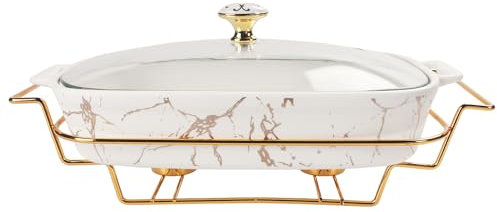 jinsongdafa Ceramic Casserole Dish with Glass Lid and rack, 1.41 Quart Serving Soup Tureen ,Chafing Dish for Buffet, Family Food preserve Tray, Catering Casserole for Party Style,White 15.2 Inch