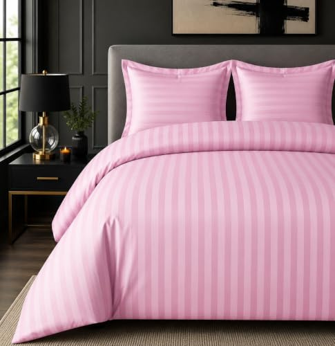 Casabella Satin Stripe Duvet Cover Sets, Luxurious Single Pink Bedding with Satin Stripes,Single Duvet Cover Set,Hotel Quality Single Duvet Set & Pillowcases,Pink Stripe Single Bedding Sets
