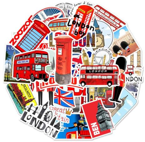 AFCJLTO 50 Pegatinas Londres Autobús, Impermeables y de Vinilo para Monopatines, Equipajes, Motos, Bicicletas, Guitarras, Tazas, Botellas, Cascos y más