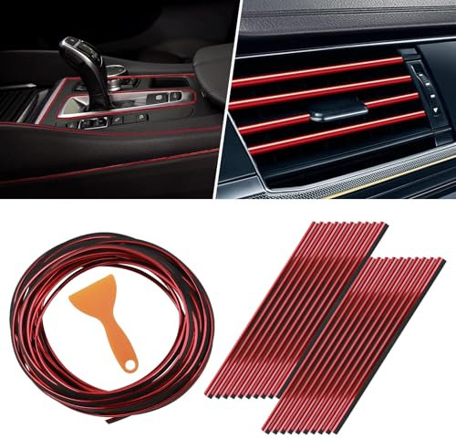 LHOEST Zierstreifen Auto Deko Zubehör Innenraum, 10m Auto Innen Zierleisten und 20 Stück Lüftungsgitter Streifen für Autozubehör Innenraum Deko Lüftungsschlitz Dekoration (Rot)