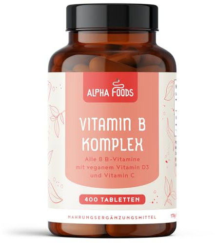 Vitamina B Complex | Alta Dosis con B1, B2, B3, B5, B6, B7 (Biotina), B9 (Ácido Fólico), B12 | Complejo B Completo con Vitaminas C y D3 | Energía | 400 Comprimidos Veganos (1+ Año) | Alpha Foods