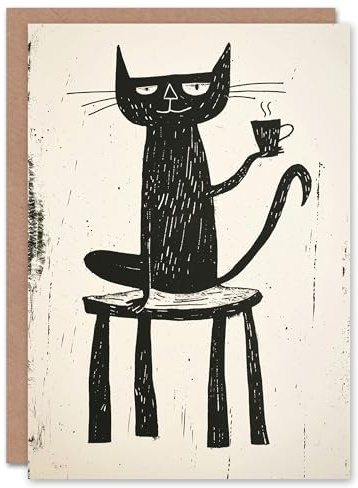 Artery8 Cat Lover Drinking Coffee Black Cartoon Blank For Him Or Her Art Birthday Card