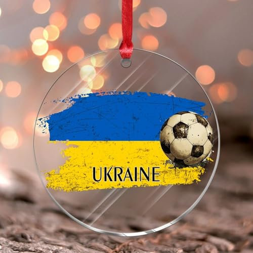 Weihnachtsbaumschmuck mit Fußball-Thema, Ukraine, für Herren, Sportler, Liebhaber, runder Weihnachtsbaumschmuck, Andenken, Spielzimmer, Fitness-Übungen, Acryl-Weihnachtskugel für festliche Feiertage,