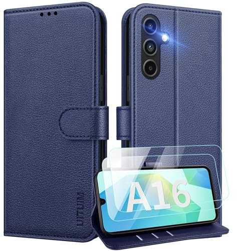UITUIM Coque pour Samsung Galaxy A16 5G/4G Coque Etui Portefeuille Cuir avec 2 Verre Trempé Protection Écran Porte Carte Rabat Clapet Flip Case Étui Cover Housse Etui pour Samsung A16 5G/4G,Bleu