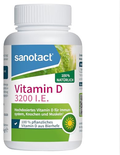 sanotact Vitamin D 3200 ie 100% pflanzliches Vitamin D aus Bierhefe, 90 natürliche Tabletten, vegan