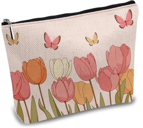 CREATCABIN Tulpen Make Up Taschen Canvas Kosmetiktasche Rosa Mehrzweck Stifteetui Reißverschlusstaschen Kulturbeutel Reise Geldbörse Tragbarer Schmetterlings Blumen Aufbewahrungs Organizer 25x18cm