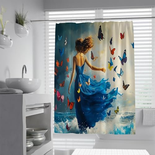 Rideau de Douche en Tissu Long Papillon coloré élégante Femme Rideaux de Douche pour Salle de Bain Design esthétique Rideau de Douche Ensemble avec Crochets 180Bx240Lcm