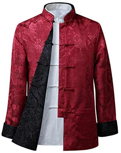 MOKLYF Costume Tang pour Hommes, Veste réversible, vêtements Traditionnels Chinois, Chemise de Kung Fu, Uniforme à Manches Longues(Rouge-Moyen-Grand