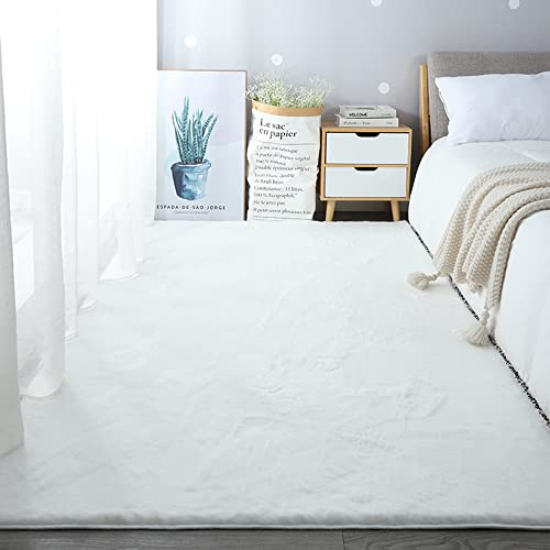 Moderner Hochflor Teppich Kunstfell Kaninchenfell Teppich Super Weich Wohnzimmer 30 mm Florhöhe 200 x 200 cm Weiß