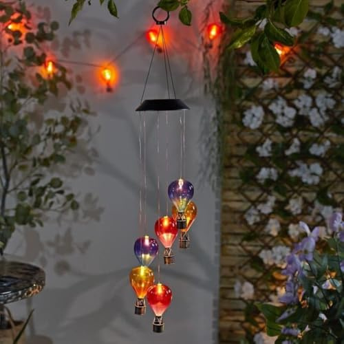 Hot Air Balloon Mobile Solar Lights - H82cm- Lantern Solar Lights Outdoor Garden Realistic Flame Balloon Light for Garden, Patio, Balcony Decorations