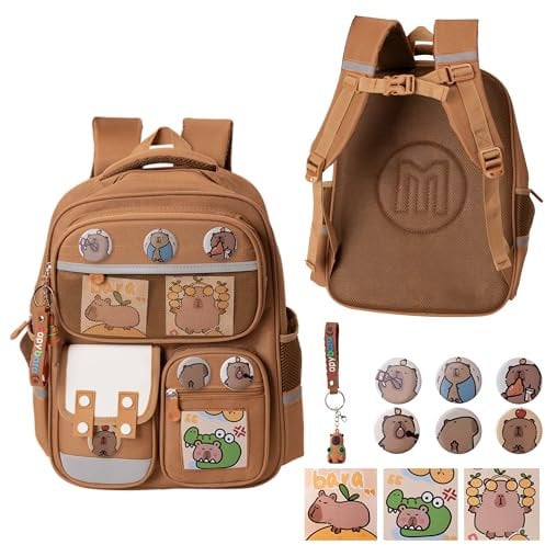 Wood Homing Capybara Schultasche mit großer Kapazität reflektierenden Streifen für Jungen und Mädchen, niedlicher Cartoon-Tier-Rucksack mit Kartenabzeichen und Schlüsselanhänger, wasserdicht, Rucksack