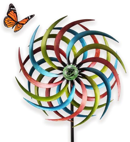 matches21 HOME & HOBBY Großes Windrad Metall 186 cm, wetterfeste Frühlings Garten-deko in Spiralform - Bunte Windmühle mit Solar