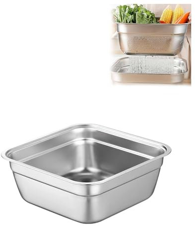 Stainless Steel Washing Up Bowl, Multi-Purpose Dish Tub for Sink, Large Square Container for Kitchen, Vegetable Washing Basin, Multi-functional Metal Dishpan for Home & Camping (Square Basin, 24CM)