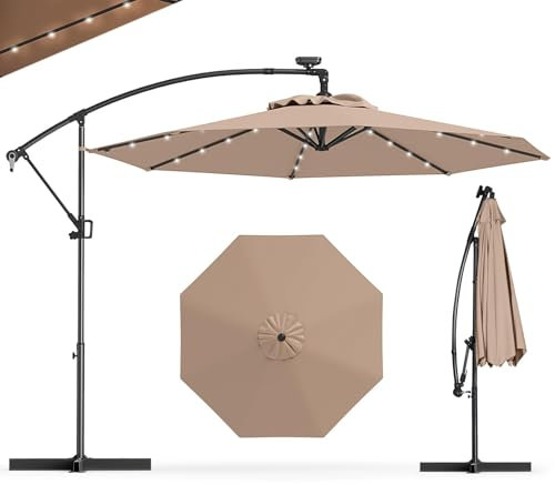 GOPLUS 3M Parasol Deporte avec 32 LED Solaires, Parasol de Jardin Extérieur 8 Baleines avec Tissu Protection Solaire, Parasol Inclinable Rotatif à 360° pour Patio, Terrasse, Base Non Incluse (Brun)