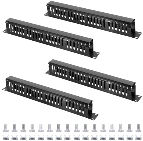 4 Pack 19 Inch 1U Server Rack Cable Management -24 Slot Horizontal Rack Mount Cable Manager with Rack Screws - Cable Raceway Wire Duct Channel Track Cord Organizer with Cover for Server Rack & Cabinet