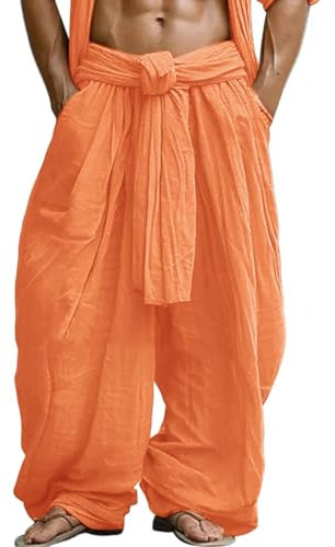 Gefomuofe Linen trousers, men's long summer elastic waist, wide leg trousers, lightweight summer trousers, wide pump trousers, leisure trousers, beach trousers, summer trousers, orange, M