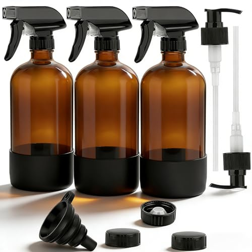 Accmuzzy botella pulverizadora para plantas de vidrio, botella pulverizadora para el cabello, botella pulverizadora de vidrio recargable vacía con boquilla ajustable (3 piezas ámbar)