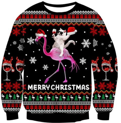 Fanient Pull de Noël pour Femme,Sweatshirt de Noël pour Homme,Imprimé Flamant Rose,Manches Longues,Taille L