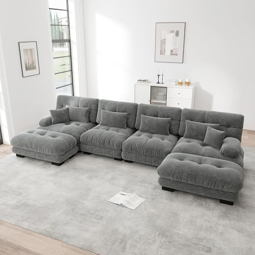 Dolamaní U-förmiges Ecksofa, Couch Sofa Chenille Stoff für Wohnzimmer,Wohnung,Büro,Einfache Montage (Grau, M-(4 Sitzer +2 Hocker))
