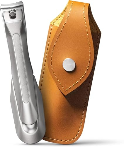 Japanese Stainless Steel Nail Clipper with Leather Case (Power L Size) - Heavy Duty Precision Toenail Clipper for Thick & Hard Nails, Men & Seniors - Sharp Ergonomic Trimmer