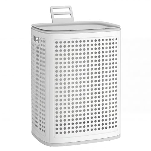 SONGMICS Wäschekorb mit Deckel, 75 L, Plastik, schmal, platzsparend
