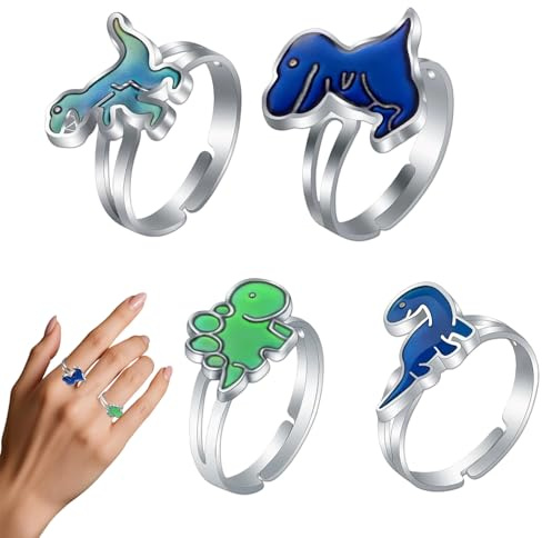 YEDOUALE Emotionsring 4er-Set Dinosaurier Farbwechsel Ring einstellbar Unisex Emotionsanhänger lustiges Partyaccessoire Geschenk für Party Alltag Spiel