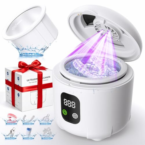 Ultrasonic Retainer Cleaner 25W Portable Ultrasonic Denture Cleaner Multi-Mode 45KHz with Drying and Removable Inner for Dental Trays, Braces, Jewelry, Toothbrushes, Mouth Guards, Aligners,Ring White