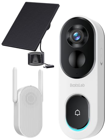 BOTSLAB 2K Doorbell Camera Wireless with Solar Panel, Video Doorbell with Head-to-Toe View, IP66 Waterproof, AI Detection, No Monthly Fee, 2.4Ghz WiFi, 2-Way Audio, 5200mAh Battery,