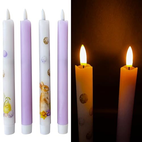 Online Fuchs 4 LED Stabkerzen aus Echtwachs mit realistischer Kerzenflamme und 6-Stunden Timerfunktion im Frühlingsdesign mit Osterhasen - Osterdeko im zarten Gelb oder Flieder Ton (Flieder)