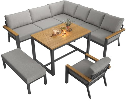 gonew21 Lounge Set für 8 Personen – Ecksofa mit 2 Mehrpersonen-Sofas, Bank & Holztisch, Balkonmöbel Set wetterfest mit 10 cm Sitzkissen in Grau für Garten, Balkon & Terrasse