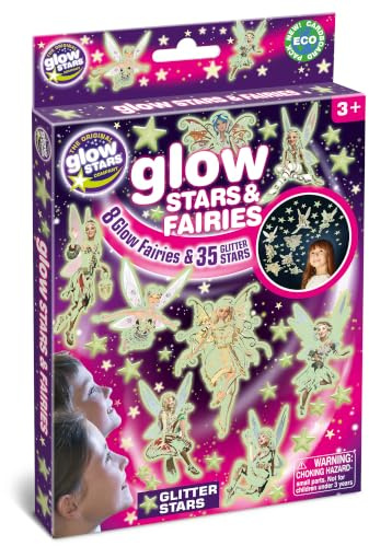 The Original Glowstars Company Glow In The Dark Stars & Fairies – 35 Glitter Stars and 8 Colourful Fairy Stickers, Self-Adhesive Room Decor for Kids’ Bedroom Ceiling & Wall