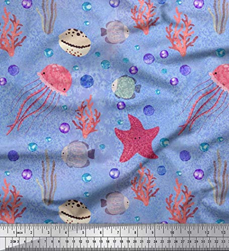 Soimoi Blau Baumwoll-Popeline Stoff Fische, Korallen und Quallen Ozean Stoff Meterware 42 Zoll breit