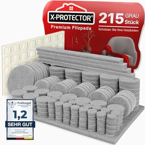 X-Protector Filzgleiter 215 Stück - Prämie Möbelgleiter Grau - Dicker Filz Selbstklebend - Bodenschoner für Stühle - Große Menge an Filzgleiter Selbstklebend - Schützen Sie Ihre Holzfußböden
