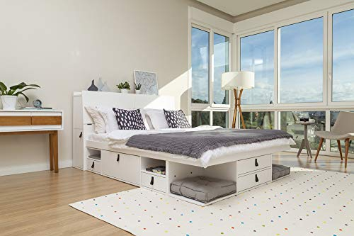 Bett mit Stauraum 160x200 + Funktions-Kopfteil + Lattenrost: Set Bali Weiss. Doppelbett und Kopfteil aus MDF Weiss lackiert mit viel Stauraum und Bettkasten, ideal f. kleine Schlafzimmer