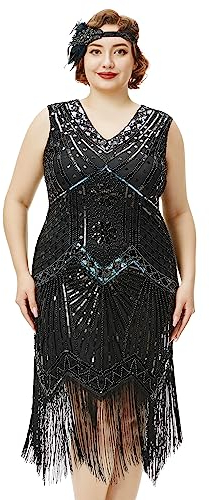 BABEYOND Damen Flapper-Kleid, Übergröße, 1920er-Jahre, V-Ausschnitt, Perlen, Fransen, Great Gatsby Kleid, Glam Black, XXXXXL