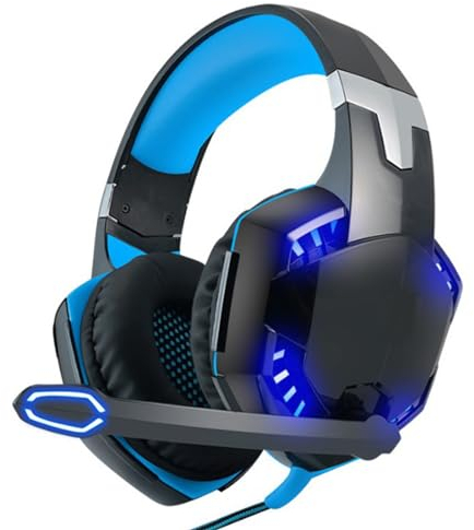 VBESTLIFE Gaming-Headset Kabelgebundene Beleuchtung Kopfhörer Modische Form Kopfhörer Metallstruktur mit geräuschunterdrückendem Mikrofon für PC-Computerspiel(Schwarz + Blau)