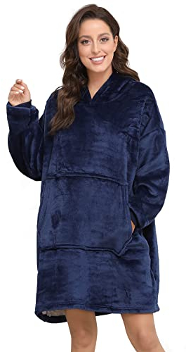 Sendowtek Hoodie Blanket for Women, Oversized Wearable Blanket Loose Style Soft Warm with Giant Pocket Plush Fleece Cosy Pajama Jumper oodie Blanket Fit for Adults Women Men Teens (Navy blue)